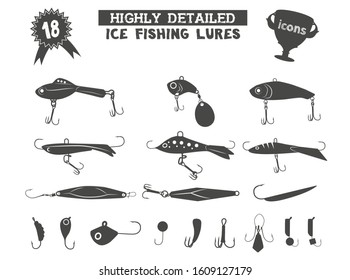 eighteen ice fishing lures icons