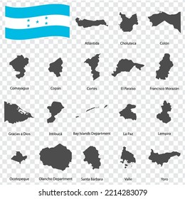 Eighteen Maps provinces of Honduras - alphabetical order with name. Every single map of province are listed and isolated with wordings and titles.  Honduras. EPS 10. 