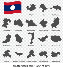 Eighteen Maps provinces of Laos - alphabetical order with name. Every single map of province are listed and isolated with wordings and titles.  Laos . EPS 10.