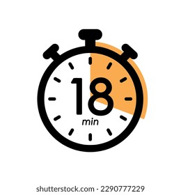 Icono de cronómetro de dieciocho minutos, símbolo de temporizador, tiempo de cocción, tiempo de aplicación cosmética o química, 18 min de tiempo de espera ilustración vectorial