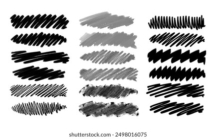 Eighteen oblong doodles and underlines. Doodles and squiggles. Vector set
