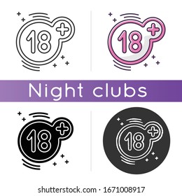Dieciocho más icono. Estilos de color lineal negro y RGB. Únicamente para adultos, 18 años, norma de restricción de edad. Signo de limitación de acceso. Aviso de contenido en miniatura, signo de prohibición ilustraciones vectoriales aisladas