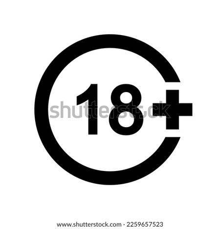 Eighteen plus icon. Number 18 in circle isolated on white background. Age censor symbol. Movie viewing or website visiting age limit label. Adult only concept. Vector illustration