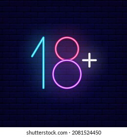 Eighteen plus neon icon. Age limit sig. Only for adults concept. Sex shop. Night bright signboard. Outer glowing effect banner. Editable stroke. Isolated vector stock illustration