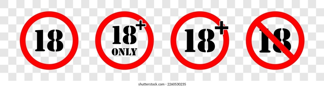 Eighteen plus only. Under 18 not allowed sign. Restricted content. Censored. Vector images set
