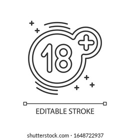 Eighteen plus pixel perfect linear icon. Thin line customizable illustration. Adults only restriction contour symbol. Mature content warning. Vector isolated outline drawing. Editable stroke