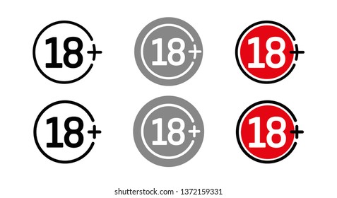 Eighteen plus round sign, different options. Vector illustration