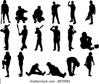 Eighteen silhouette vector images of baseball players.