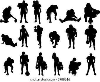 Eighteen silhouette vector images of football players.