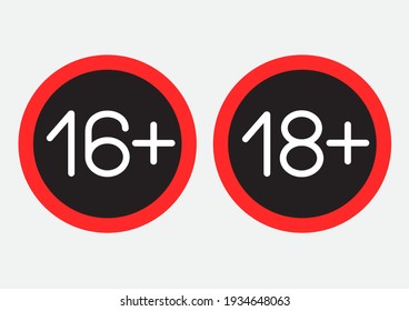Eighteen and sixteen age limit dark stickers isolated on gray background. Adults only sign symbol icon. Under years old prohibited label. Do not enter or do not use minors