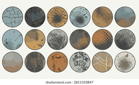Eighteen textured circular swatches displaying diverse grunge surfaces like rust, cracks, wood, and paint splatters.