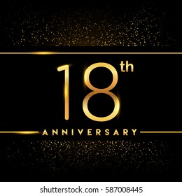 eighteen years anniversary celebration logotype. 18th anniversary logo with confetti golden colored isolated on black background, vector design for greeting card and invitation card