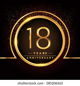 eighteen years birthday celebration logotype. 18th anniversary logo with confetti and golden ring isolated on black background, vector design for greeting card and invitation card.