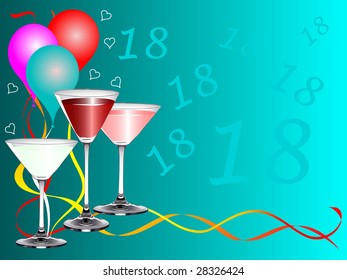 An eighteenth birthday party background template with drinks glasses and balloons