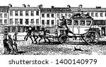 An Eighteenth Century Stagecoach is a type of four wheeled closed coach used to carry passengers and goods, vintage line drawing or engraving illustration.