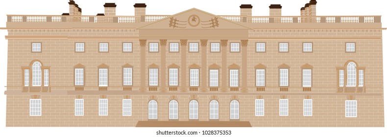 An Eighteenth Century Stately Home with Corinthian Pillars with Ornate Capitals,Balustrades and a Pediment with decorative carving isolated on white