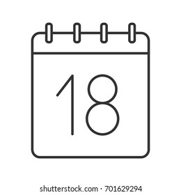 Eighteenth day of month linear icon. Wall calendar with 18 sign. Thin line illustration. Date contour symbol. Vector isolated outline drawing