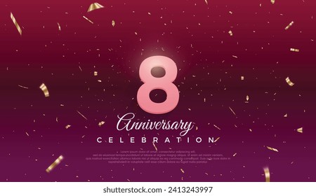 Eighth 8th Anniversary celebration, 8 Anniversary celebration, Dark purple background, festive illustration,Realistic 3d sign, stars, Pink number with red ribbon 8 sparkling confetti, 8,9