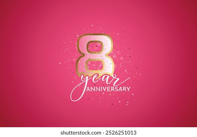 Octavo 8º aniversario, celebración del 8 aniversario, signo realista 3d, estrellas, fondo rosa, ilustración festiva, dorado, confeti brillante número 8 rosa, 8,9