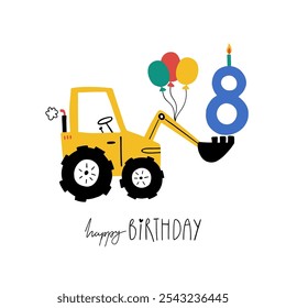 Eighth birthday. Hand drawn happy birthday card with cute cartoon car tractor with balls, candle and lettering Happy Birthday. Vector illustration. Baby boy greeting card for 8th birthday