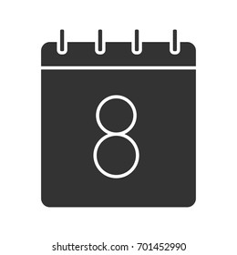 Eighth day of month glyph icon. Date silhouette symbol. Wall calendar with 8 sign. Negative space. Vector isolated illustration