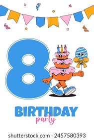 Eighth Happy Birthday party invitation in retro groovy style. Funky walking character and number 8. Vintage mascot psychedelic smile. Vector illustration 