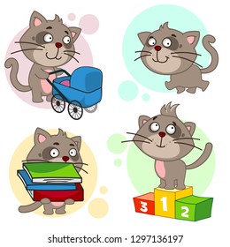 Eighth part of a collection of icons with cats for design. A cat with a baby stroller, a cat is walking, a cat with a pile of books, a cat is a winner on a pedestal.