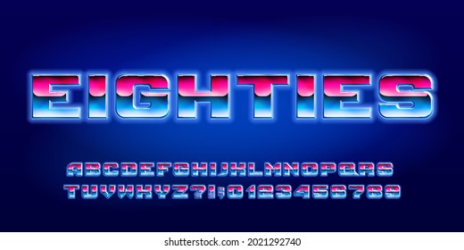 Fuente del alfabeto de los ochenta. Letras y números brillantes al estilo de los años 80. Tipo vectorial de material para su diseño tipográfico.