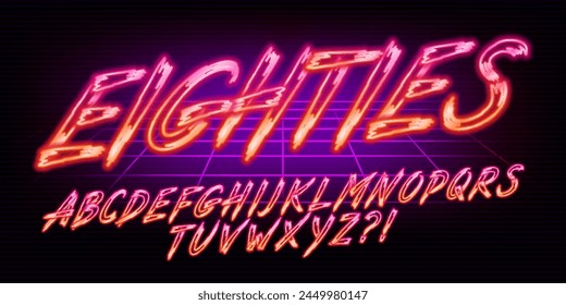 Eighties alphabet font. Glowing neon script letters and numbers. Stock vector typescript for your design.