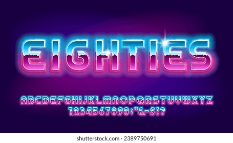 Eighties alphabet typeface. 80s style glowing neon letters and numbers. Stock vector typescript for your design.