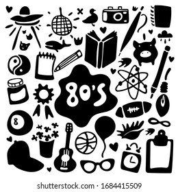 Eighties. Black and white funny set of cartoon stickers and icons in doodle style. Stickers, icons, emoji, pins or patches in doodle 80s comic style. Sketchy vector symbols and objects. Square format