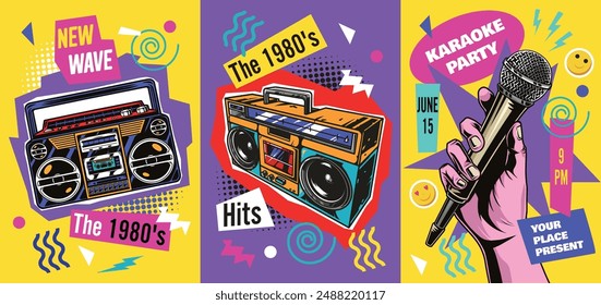 Pegatinas de conjunto colorido disco ochentero con grabadoras para fiesta y lanzamiento de éxitos musicales retro de la Ilustración vectorial del siglo pasado