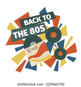 Eighties hits and best songs compositions. Back to 80s, vinyl records with music for disco and entertainment. Recorded tapes and colorful stripes, nostalgia banner with text. Vector in flat style