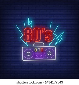 Eighties neon lettering with cassette player. Entertainment, party, disco design. Night bright neon sign, colorful billboard, light banner. Vector illustration in neon style.