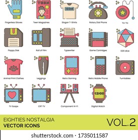 Eighties nostalgia icons including fingerless gloves, teen magazine, slogan t-shirt, rotary dial phone, yo-yo, floppy disk, roll of film, typewriter, game cartridge, d20 dice, animal print clothes.