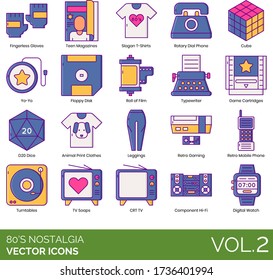 Eighties nostalgia icons including fingerless gloves, yo-yo, floppy disk, roll of film, typewriter, game cartridge, d20 dice, animal print clothes, leggings, retro, mobile, turntable, tv soaps, CRT.