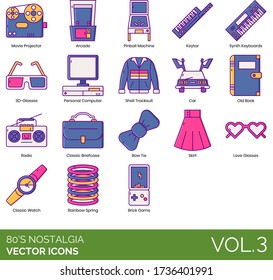 Eighties Nostalgia Icons Including Movie Projector, Arcade, Pinball Machine, Shell Tracksuit, Car, Old Book, Radio, Classic Briefcase, Bow Tie, Skirt, Love Glasses, Watch, Rainbow Spring, Brick Game.