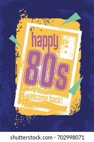 Eighties retro banner design with vivid colors, cassette tape and creative typo. T shirt or poster print layout.