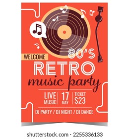 Eighties retro music party invitation poster. Vector design template of flyer or banner with vinyl record player for 80's retro party, disco dance night, concert or sow promotion.