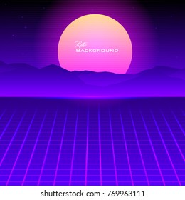 Eighties Retro Sunrise Over Mountains Vector Background 