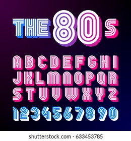 Eighties style retro font. 80's font design with shadow, disco style, alphabet and numbers vector illustration