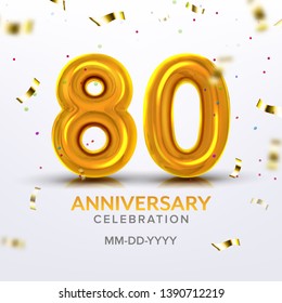 Eightieth Anniversary Celebration Number Vector. Luxury Art Invitation Jubilee Birthday Poster With Eighty Years Information, Flying Tinsel And Confetti, Celebration Date. Illustration