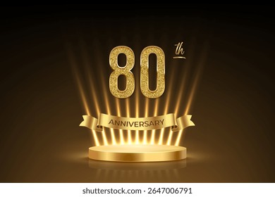 Eightieth anniversary gold award podium. 80 years celebration birthday or jubilee vector background. Luxury stage with glowing rays, glittering number 80 and ribbon with text anniversary on black.