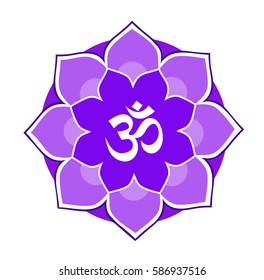 Eight-mandala purple with the mantra Aum (Om) symbol of creativity and enlightenment on a white background