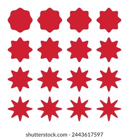Eight-point wavy edge red stars. A set of symbols with jagged edges isolated on a white background.