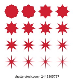 Eight-point zigzag edge red stars. A set of symbols with jagged edges isolated on a white background.