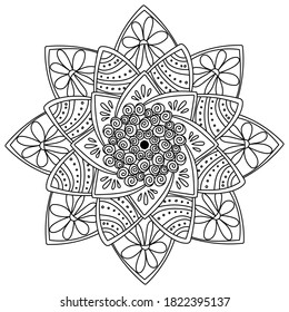 Eight-pointed mandala with spiral patterns in the center and flowers on the rays, zen antistress coloring page for kids and adults, vector outline illustration for design and creativity