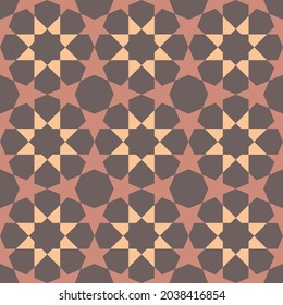 Eight-pointed shape background in the center. The five-pointed star is all around. Seamless abstract geometric pattern Brown color. Texture design for textile, tile, poster, wall. Vector illustration.