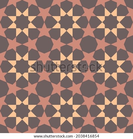Eight-pointed shape background in the center. The five-pointed star is all around. Seamless abstract geometric pattern Brown color. Texture design for textile, tile, poster, wall. Vector illustration.