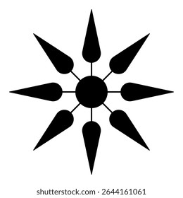 Estrela de oito pontas, padrão de círculo de corte. Oito formas geométricas, semelhantes a folhas, pontas de seta ou gotas, dispostas em torno de um círculo, suas pontas voltadas para fora e conectadas com linhas ao centro.